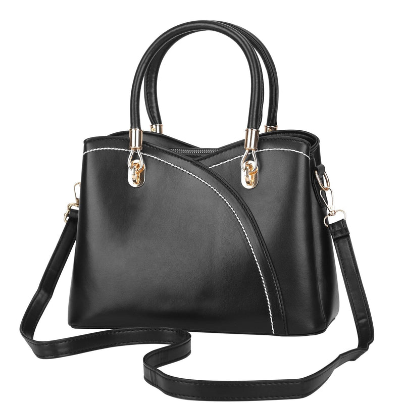 Women Medium Sized Leather Satchel Crossbody Bag with Stylish Stitching Detachable Strap