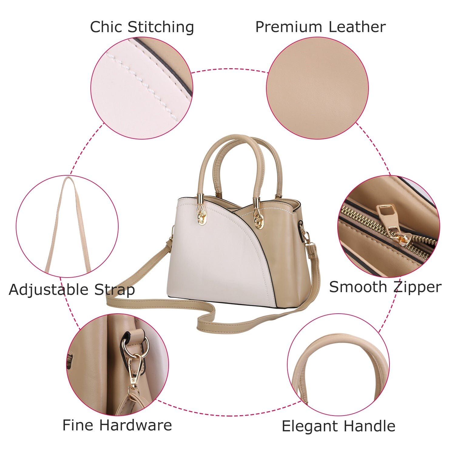 Women Medium Sized Leather Satchel Crossbody Bag with Stylish Stitching Detachable Strap Bags & Travel - DailySale