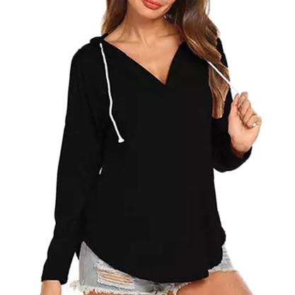 Women Modern Deep V Neck Solid Drawstring Loose Sweatshirt Basic Tunic Women's Clothing Black S - DailySale
