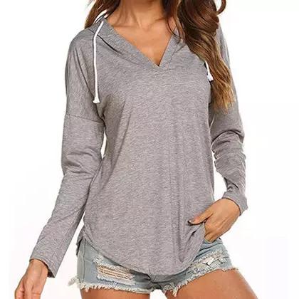 Women Modern Deep V Neck Solid Drawstring Loose Sweatshirt Basic Tunic Women's Clothing Gray S - DailySale