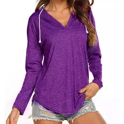 Women Modern Deep V Neck Solid Drawstring Loose Sweatshirt Basic Tunic Women's Clothing Purple S - DailySale