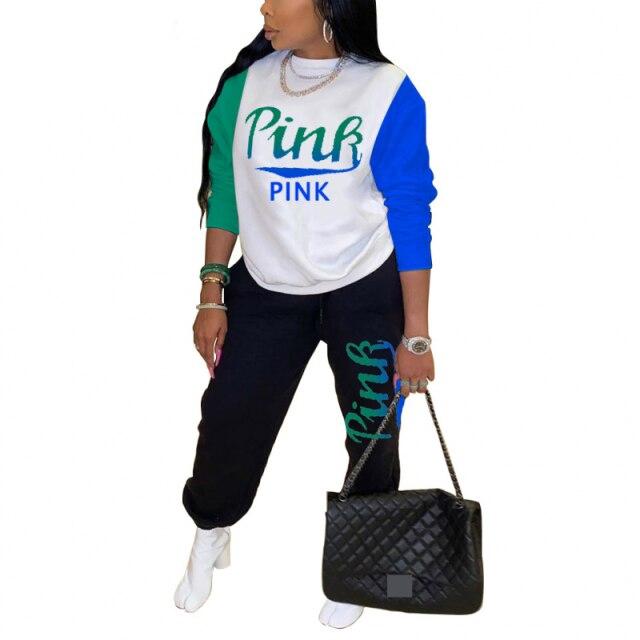 Women Pink Letter Print Long Sleeve Top and Pants Spring Streetwear Women's Clothing Blue S - DailySale