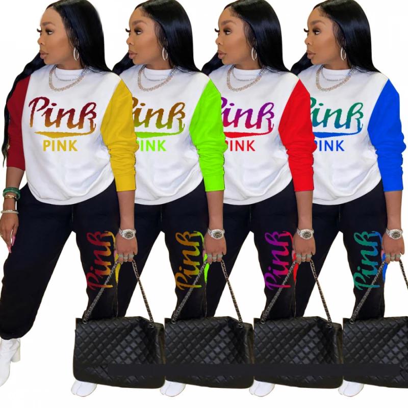 Women Pink Letter Print Long Sleeve Top and Pants Spring Streetwear Women's Clothing - DailySale