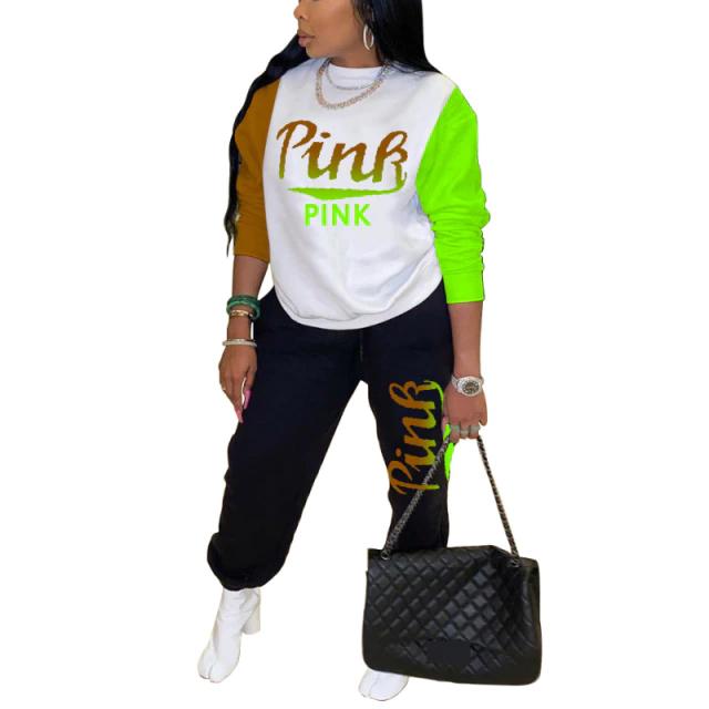Women Pink Letter Print Long Sleeve Top and Pants Spring Streetwear Women's Clothing Green S - DailySale