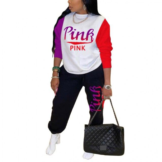Women Pink Letter Print Long Sleeve Top and Pants Spring Streetwear Women's Clothing Red S - DailySale