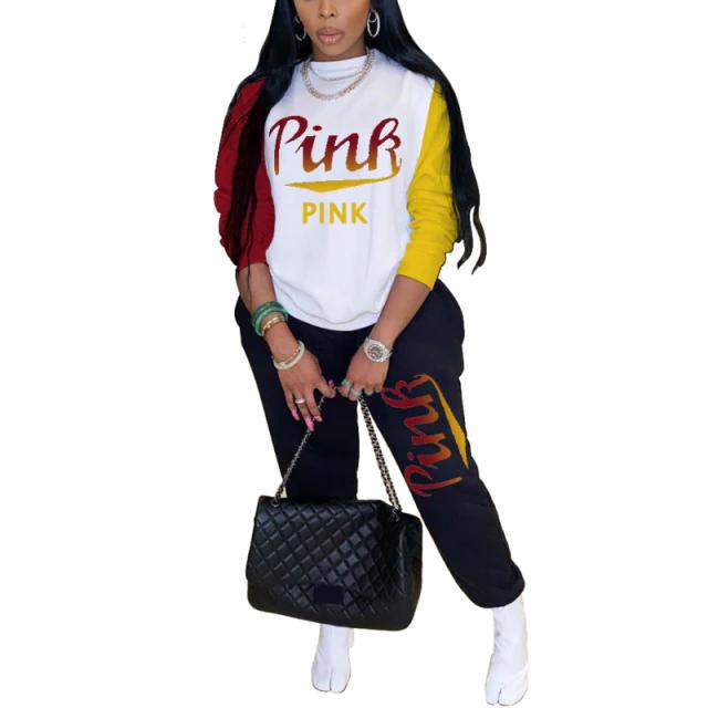 Women Pink Letter Print Long Sleeve Top and Pants Spring Streetwear Women's Clothing Yellow S - DailySale