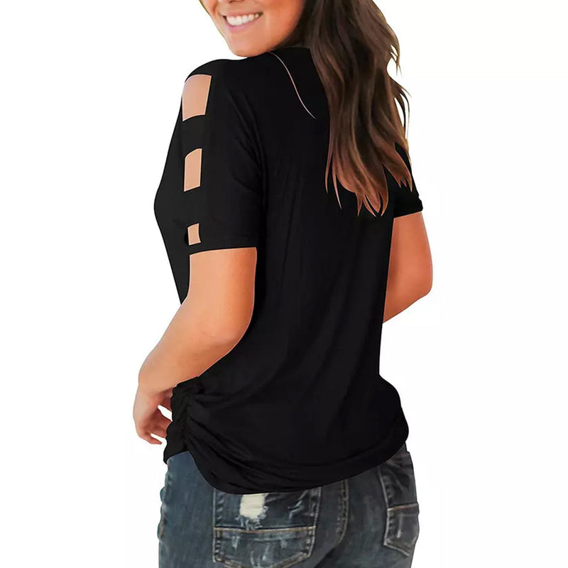 Women Short Sleeve Cut Out Cold Shoulder Tops Deep V Neck T Shirts Women's Tops - DailySale