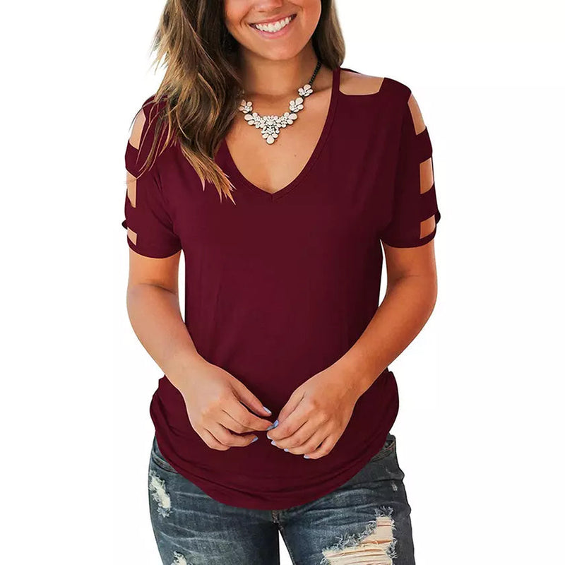 Women Short Sleeve Cut Out Cold Shoulder Tops Deep V Neck T Shirts Women's Tops Wine Red S - DailySale