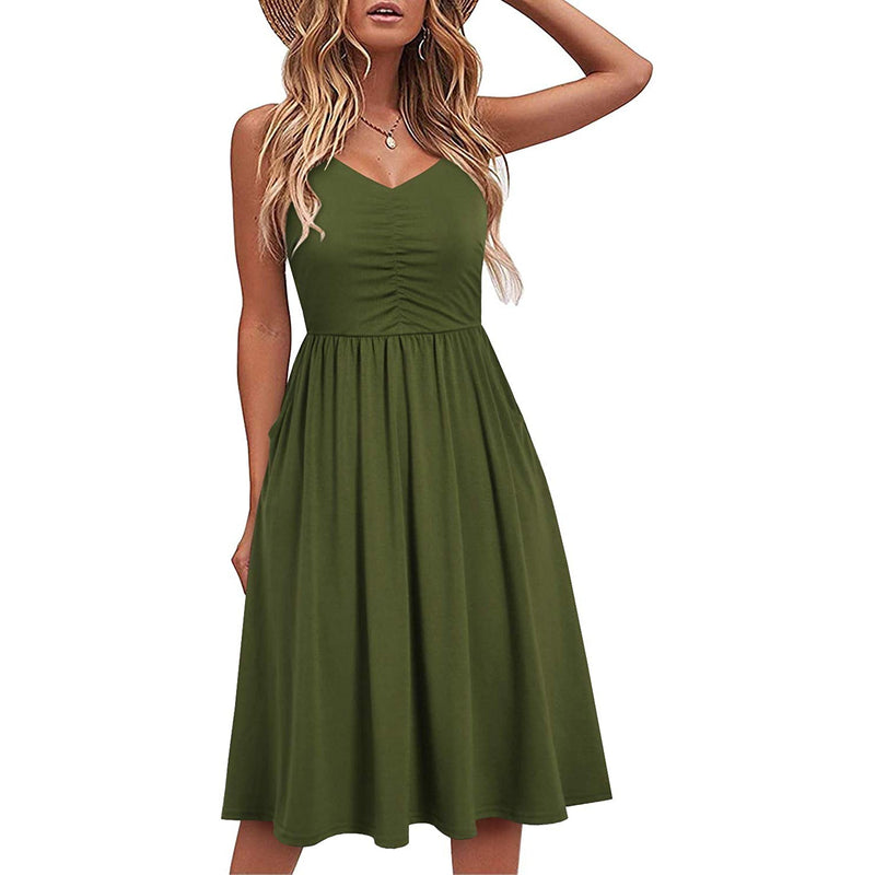 Women Sleeveless Cotton Summer Beach Dress Women's Dresses Army Green S - DailySale