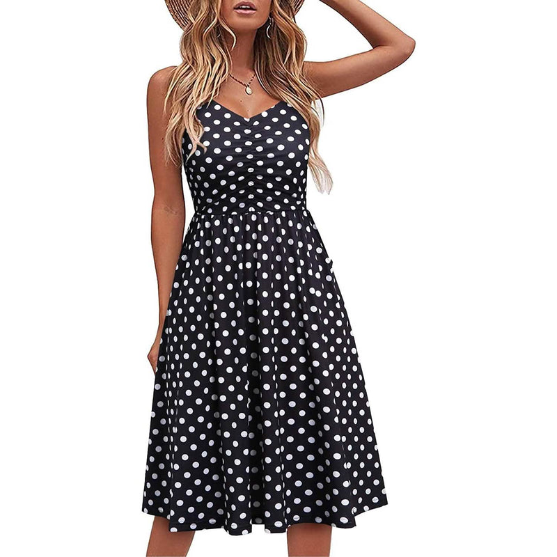 Women Sleeveless Cotton Summer Beach Dress Women's Dresses Black Dot S - DailySale