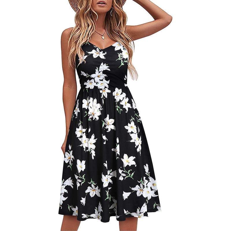 Women Sleeveless Cotton Summer Beach Dress Women's Dresses Black Floral S - DailySale
