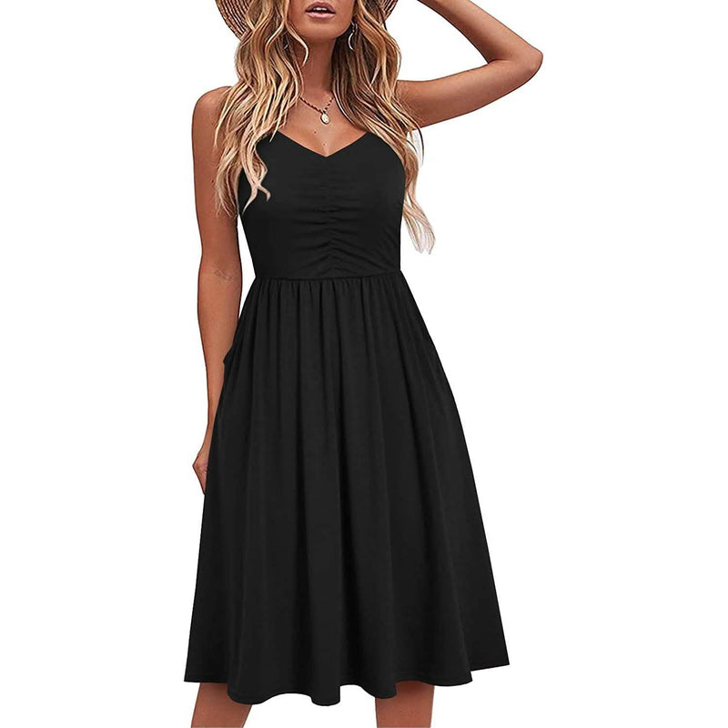 Women Sleeveless Cotton Summer Beach Dress Women's Dresses Black S - DailySale