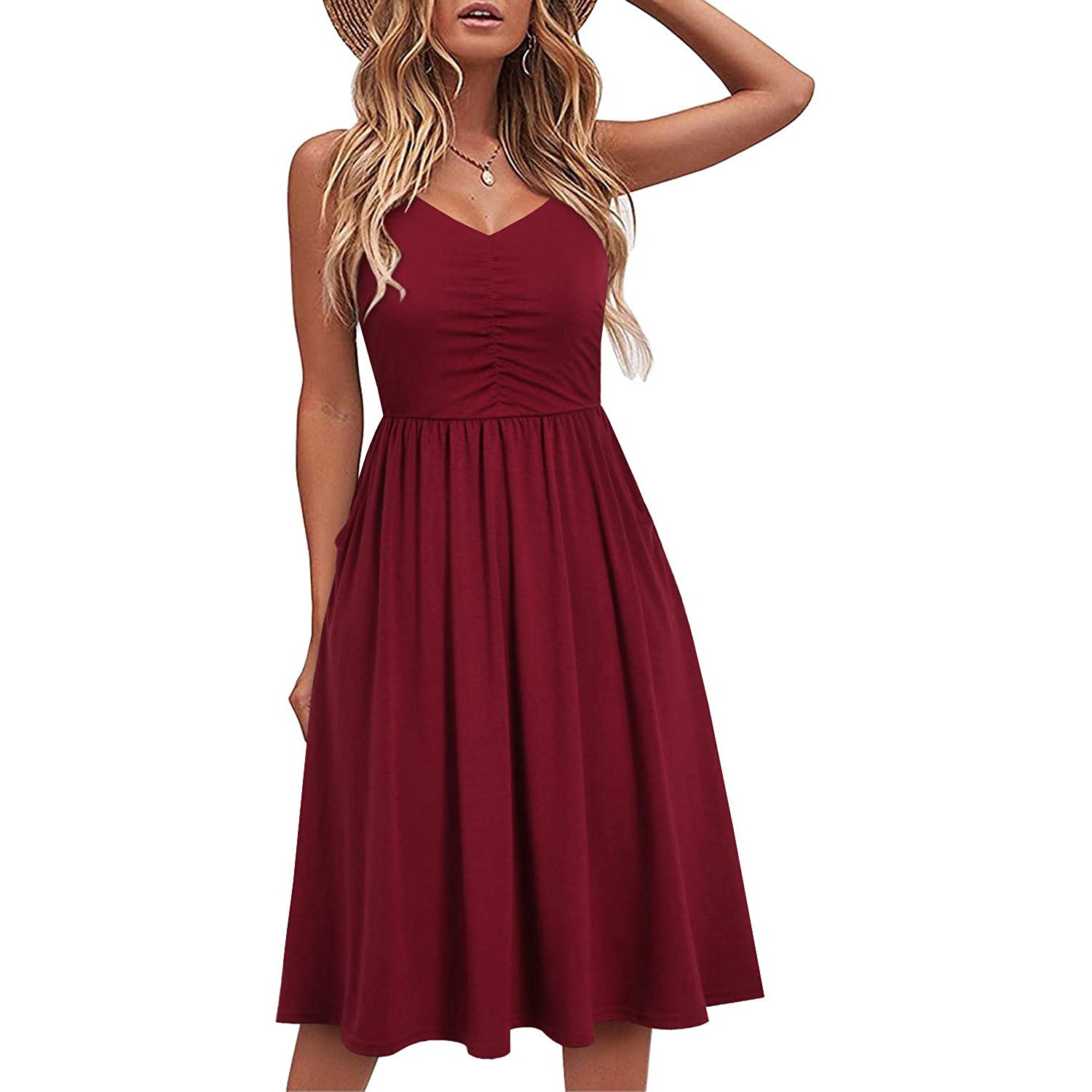 Women Sleeveless Cotton Summer Beach Dress Women's Dresses Burgundy S - DailySale