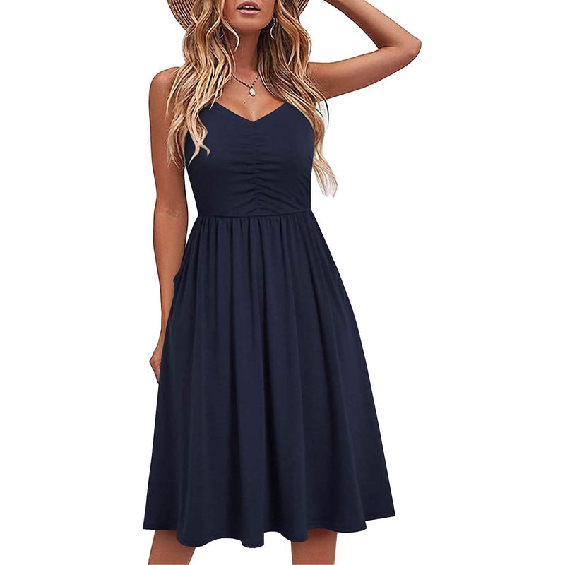 Women Sleeveless Cotton Summer Beach Dress Women's Dresses Navy S - DailySale
