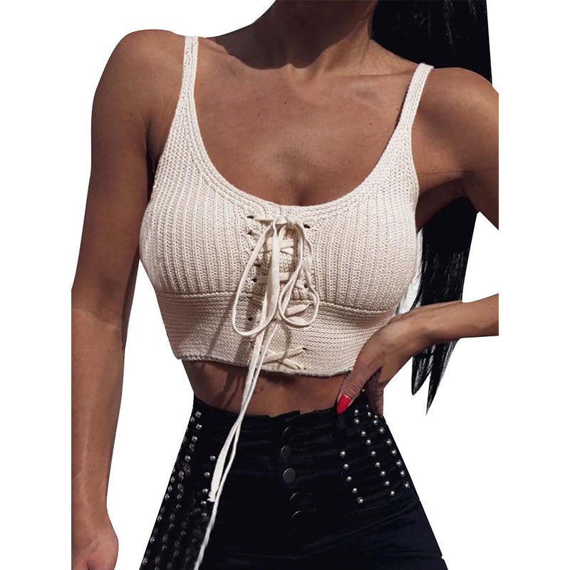 Women Sleeveless Lace Up Knitted Cami Tank Top Sexy Loose Crop Tops Blouse Women's Clothing - DailySale