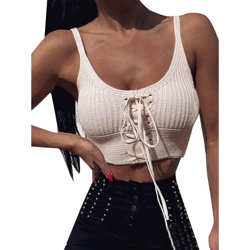 Women Sleeveless Lace Up Knitted Cami Tank Top Sexy Loose Crop Tops Blouse Women's Clothing - DailySale