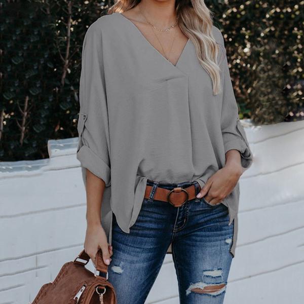 Women Spring and Autumn V-neck Blouse Women's Tops Gray S - DailySale