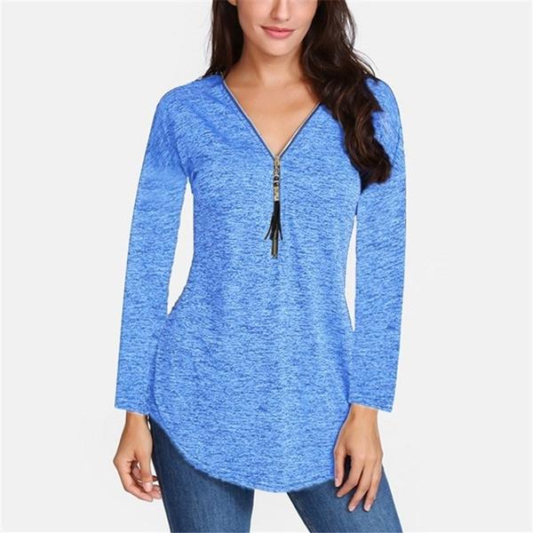 Women V-neck Zipper Long Sleeve Solid Color Top Plus Size Blouse Top Women's Tops Blue S - DailySale