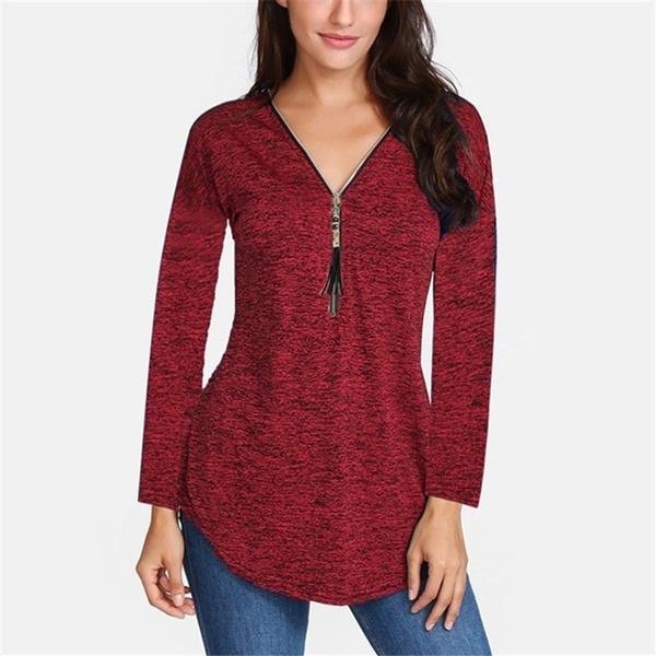 Women V-neck Zipper Long Sleeve Solid Color Top Plus Size Blouse Top Women's Tops Wine Red S - DailySale