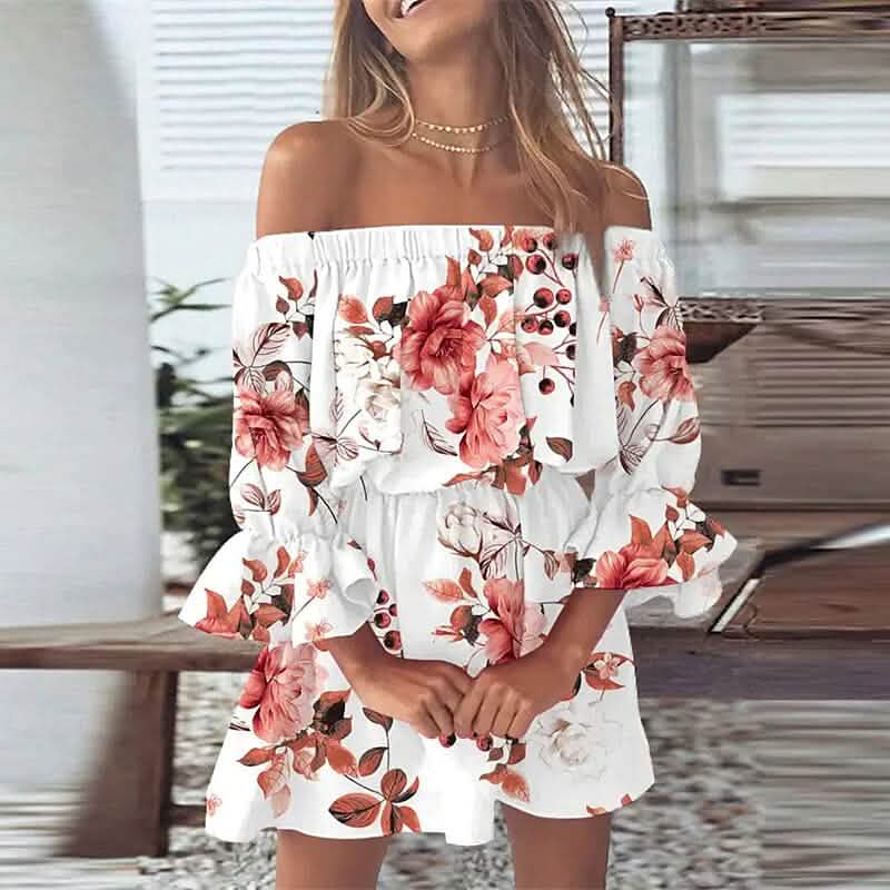 off the shoulder spring dresses Women's 3/4 Length Sleeve Floral Ruffle Summer Spring Off Shoulder Dress White / XL