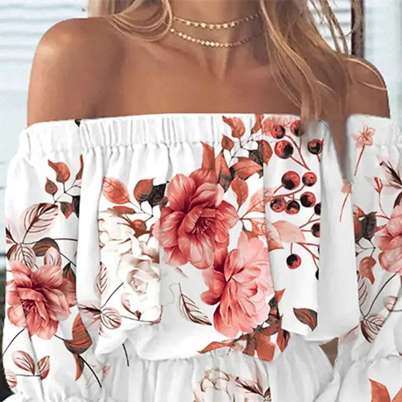 Women's 3/4 Length Sleeve Floral Ruffle Summer Spring Off Shoulder Dress
