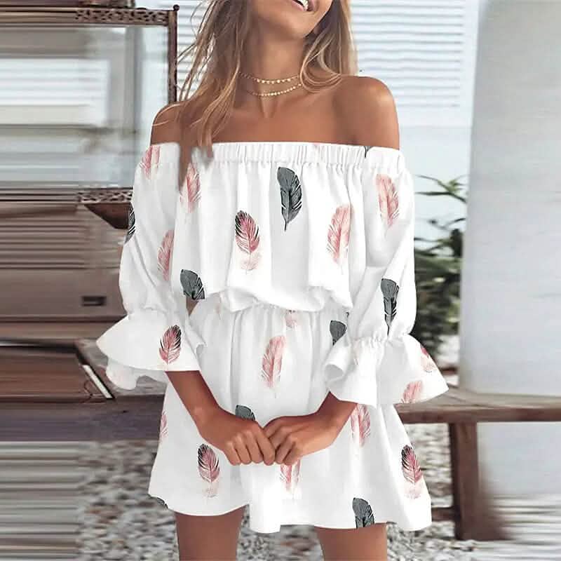 off the shoulder spring dresses Women's 3/4 Length Sleeve Floral Ruffle Summer Spring Off Shoulder Dress White / XL