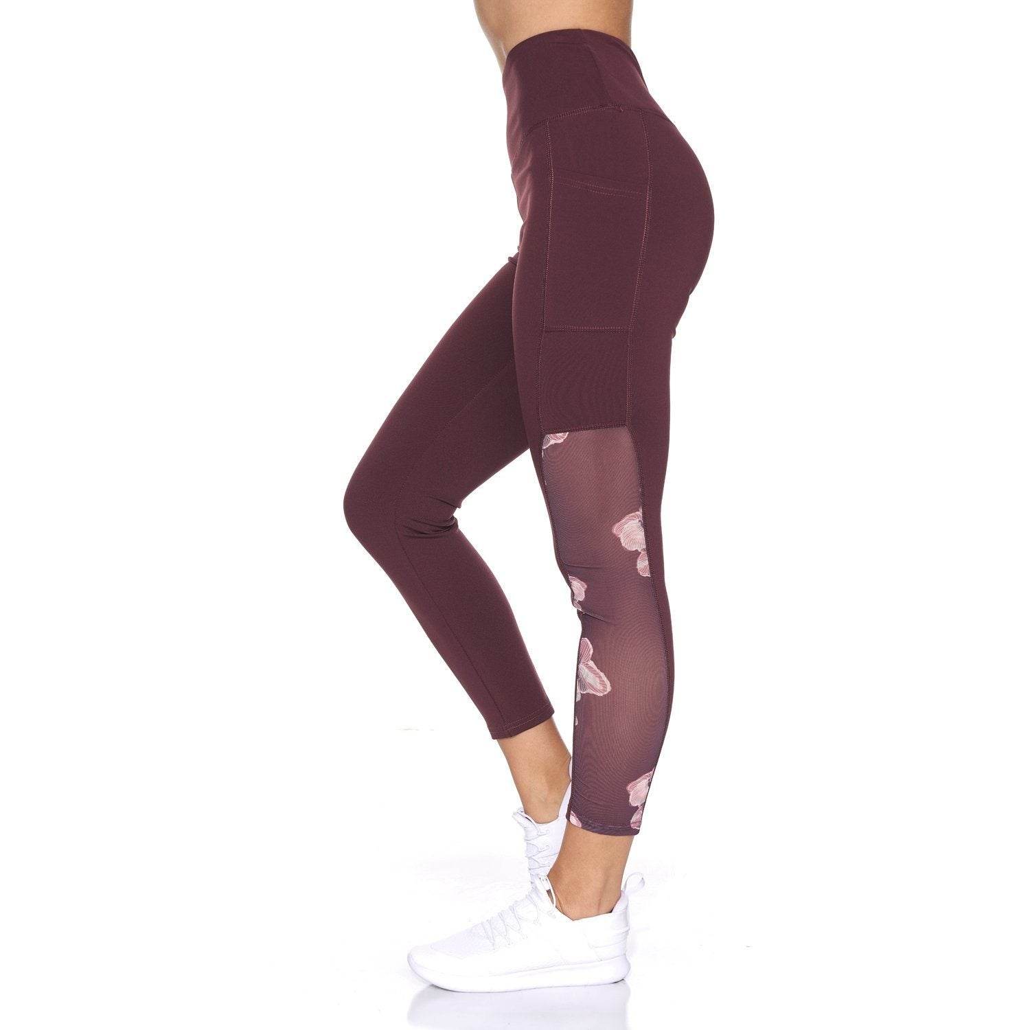 Women's 7/8 Active Leggings with Sheer Mesh Floral Panel and Pockets