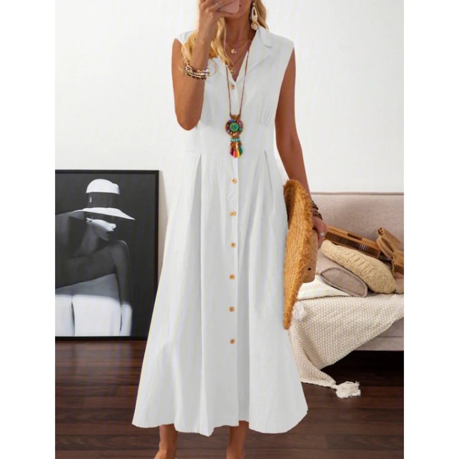 Women's A-Line Shirt Collar Casual Dress Women's Dresses White S - DailySale