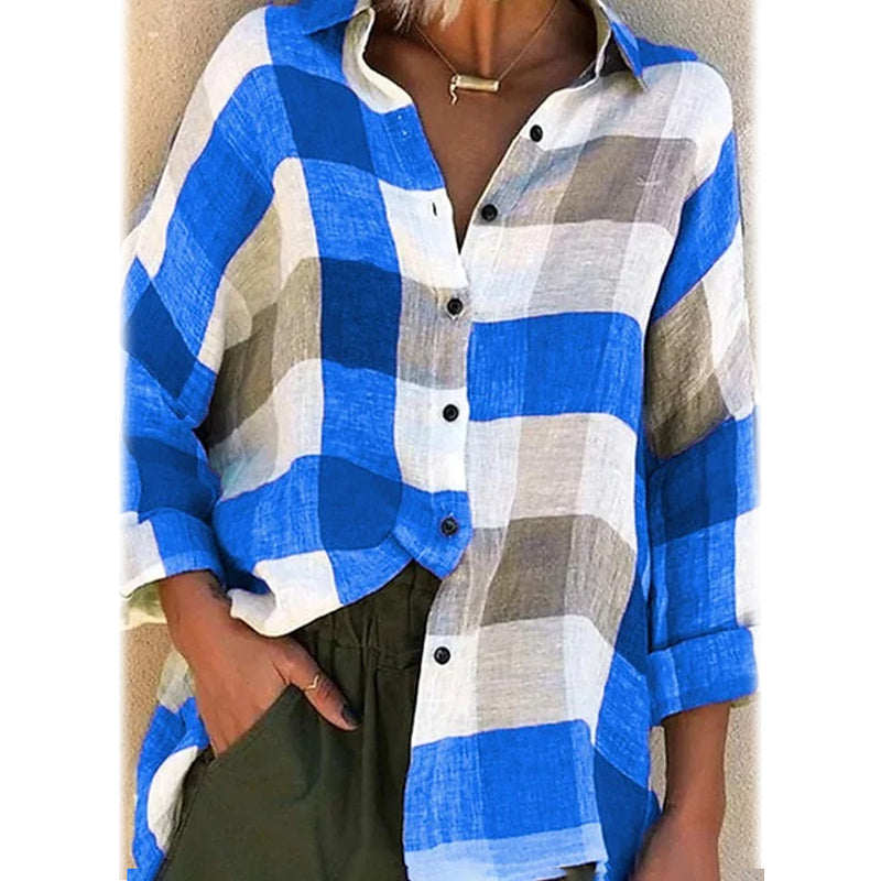 Women's Basic Loose Checkered Long Sleeve Shirt Women's Tops Blue S - DailySale