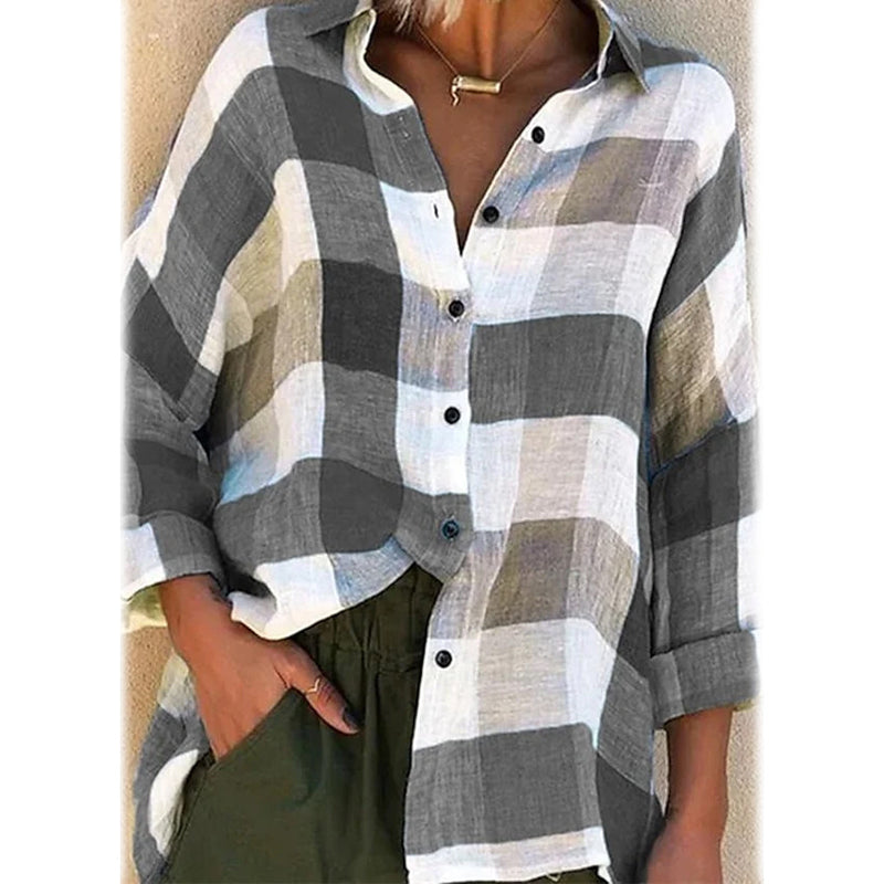 Women's Basic Loose Checkered Long Sleeve Shirt Women's Tops Gray S - DailySale