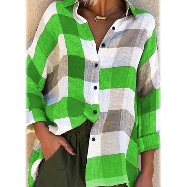 Women's Basic Loose Checkered Long Sleeve Shirt Women's Tops Green S - DailySale