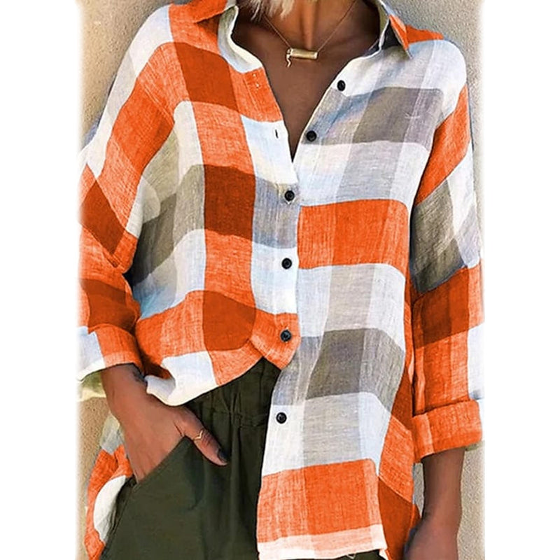 Women's Basic Loose Checkered Long Sleeve Shirt Women's Tops Orange S - DailySale