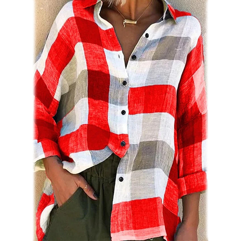 Women's Basic Loose Checkered Long Sleeve Shirt Women's Tops Red S - DailySale