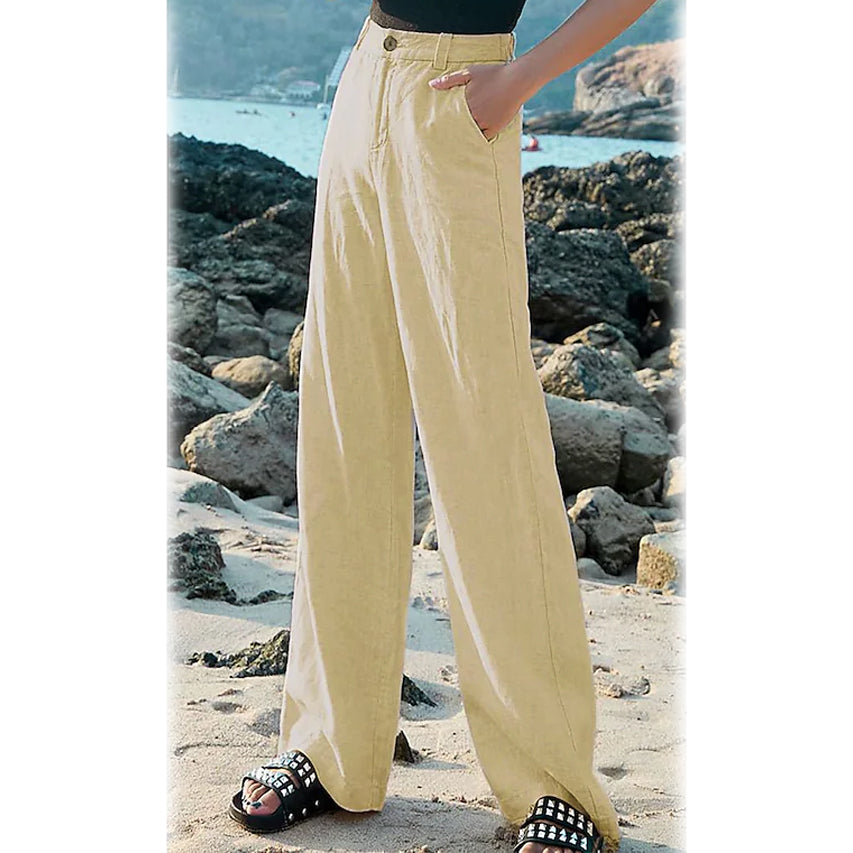 Women's Basic Soft Straight Twill Pants Women's Bottoms Beige S - DailySale