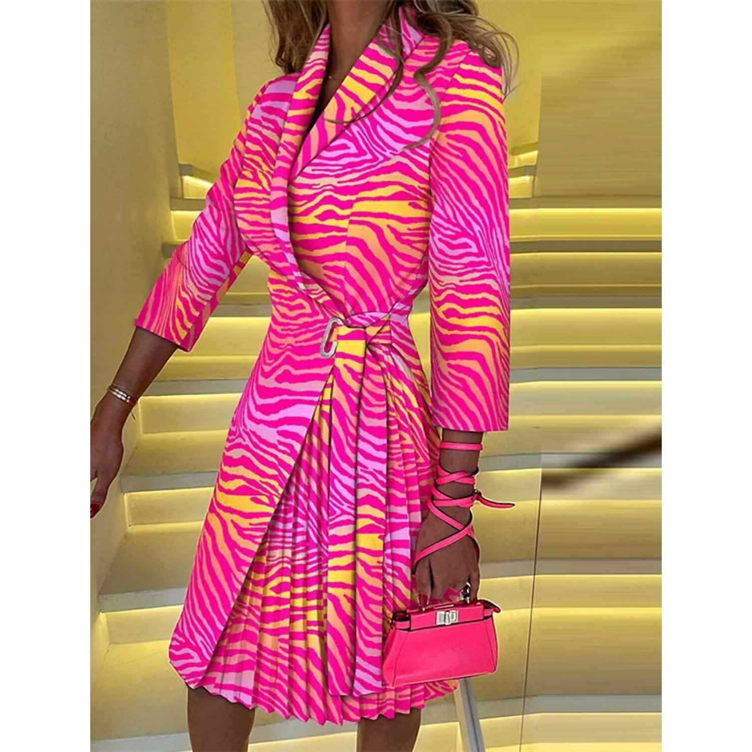 Women's Blazer Dress A Line Dress Knee Length Ruched Print Dress - Fuchsia / 2XL Women's Blazer Dress A Line Dress Knee Length Ruched Print Dress - Fuchsia / 2XL