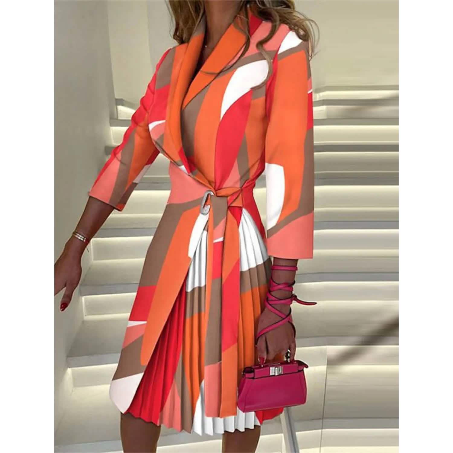 Women's Blazer Dress A Line Dress Knee Length Ruched Print Dress - Orange / XL Women's Blazer Dress A Line Dress Knee Length Ruched Print Dress - Orange / XL