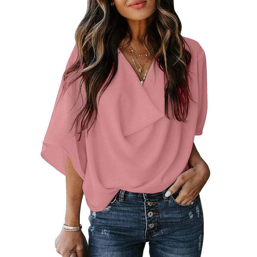 Women's Blouse Plain V Neck Basic Tops Women's Tops Pink S - DailySale