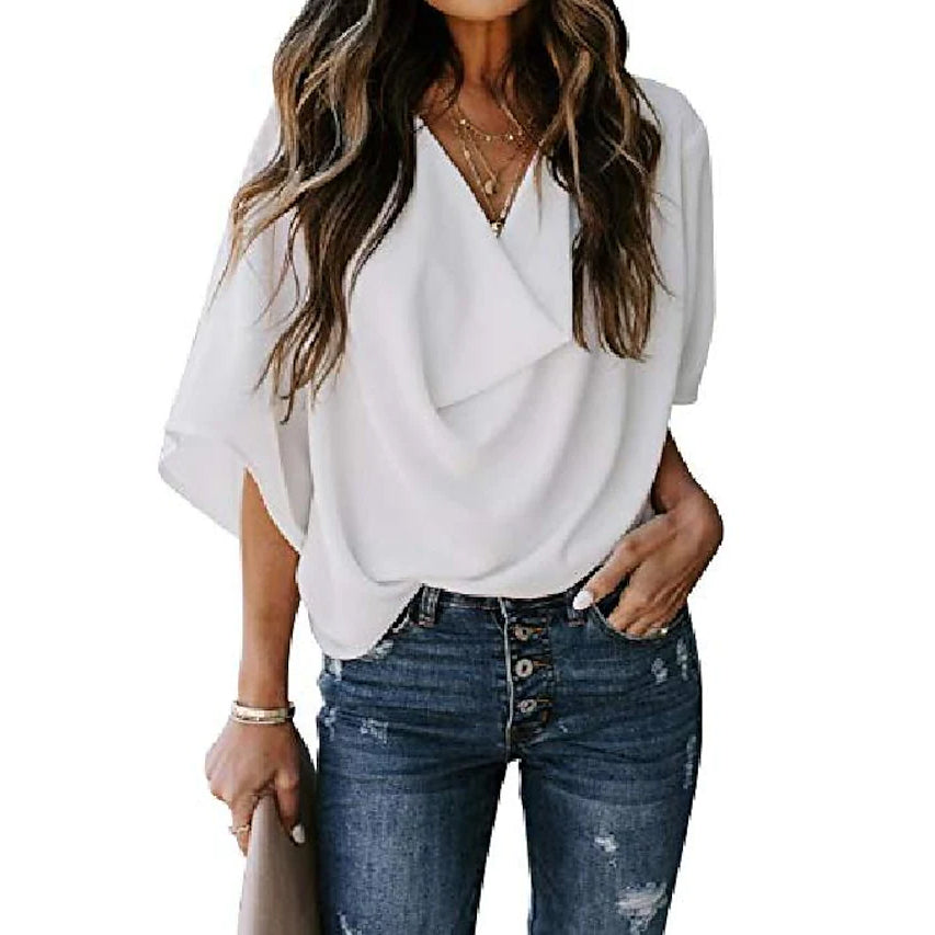 Women's Blouse Plain V Neck Basic Tops Women's Tops White S - DailySale