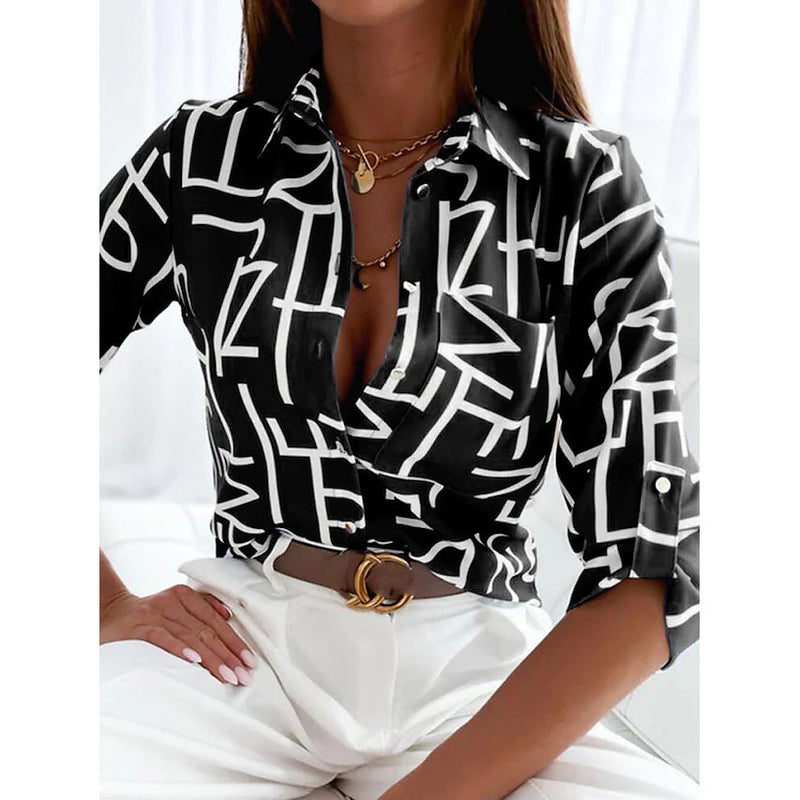 Women's Blouse Shirt Button Pocket Long Sleeve Women's Tops Black S - DailySale
