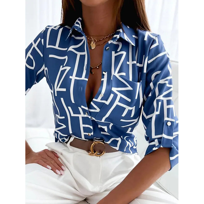 Women's Blouse Shirt Button Pocket Long Sleeve Women's Tops Blue S - DailySale
