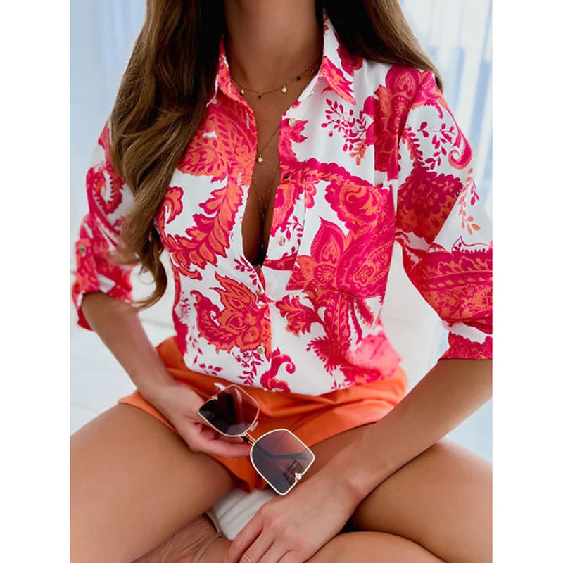 Women's Blouse Shirt Button Pocket Long Sleeve Women's Tops Red S - DailySale
