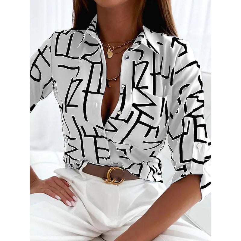 Women's Blouse Shirt Button Pocket Long Sleeve Women's Tops White S - DailySale