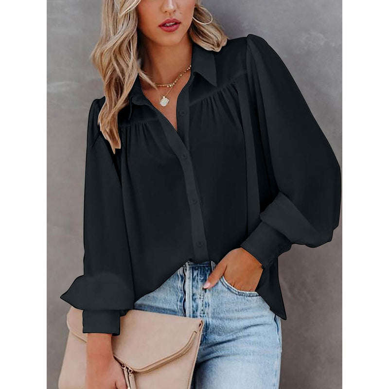 Womens Blouse Shirt Plain Button Long Sleeve Women's Tops Black S - DailySale
