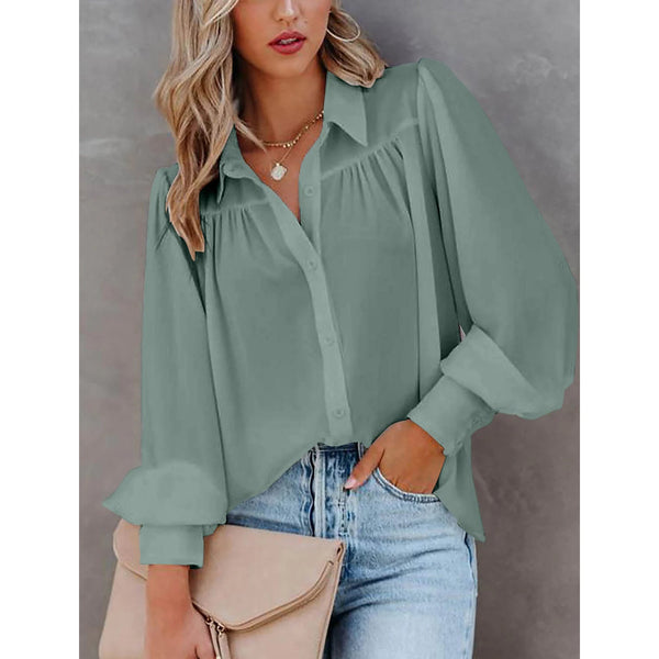 Womens Blouse Shirt Plain Button Long Sleeve Women's Tops Green S - DailySale