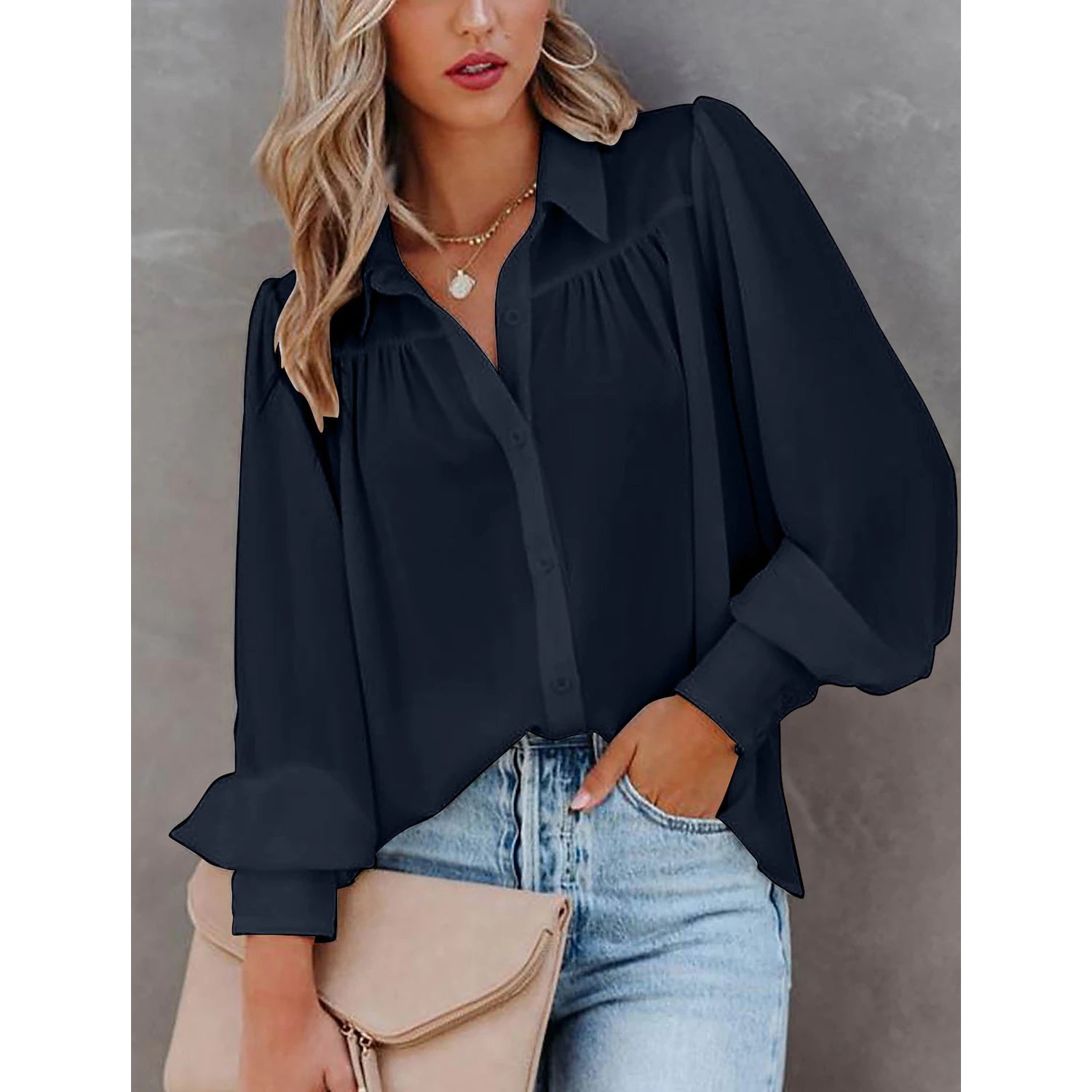 Womens Blouse Shirt Plain Button Long Sleeve Women's Tops Navy Blue S - DailySale