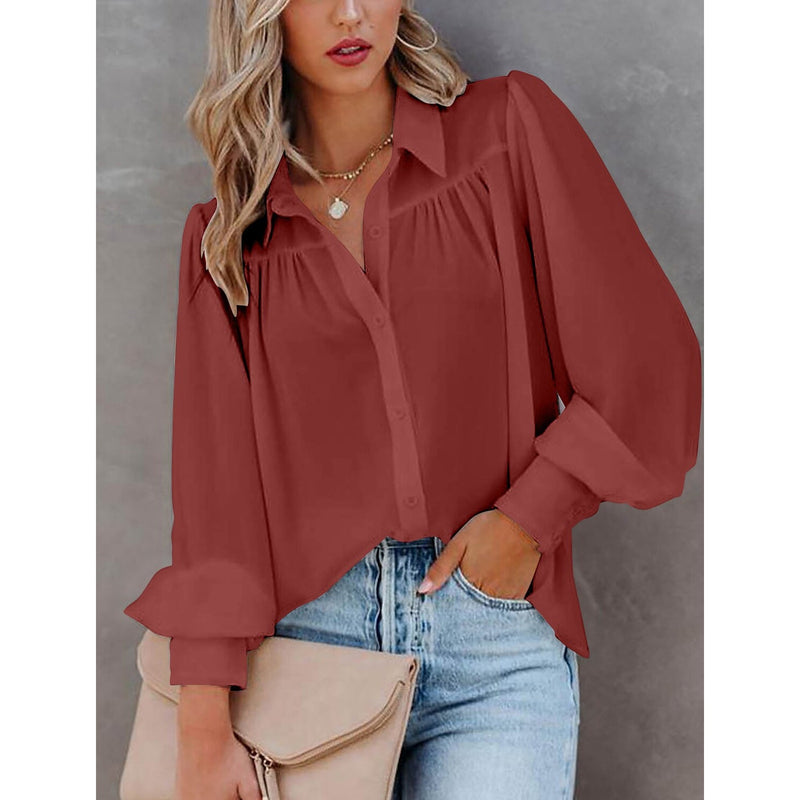 Womens Blouse Shirt Plain Button Long Sleeve Women's Tops Orange S - DailySale