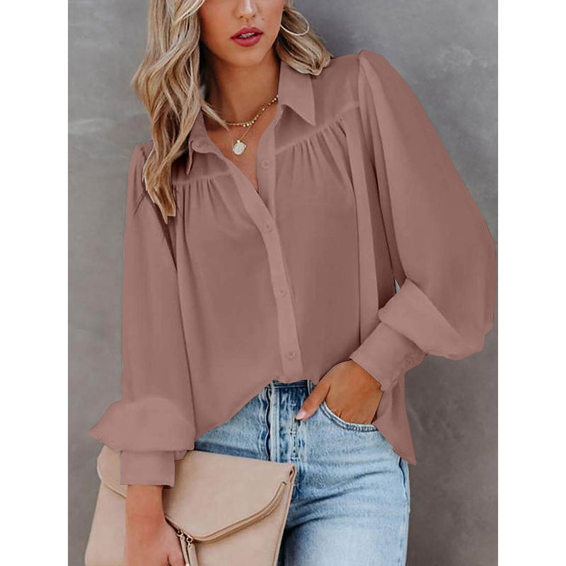 Womens Blouse Shirt Plain Button Long Sleeve Women's Tops Pink S - DailySale