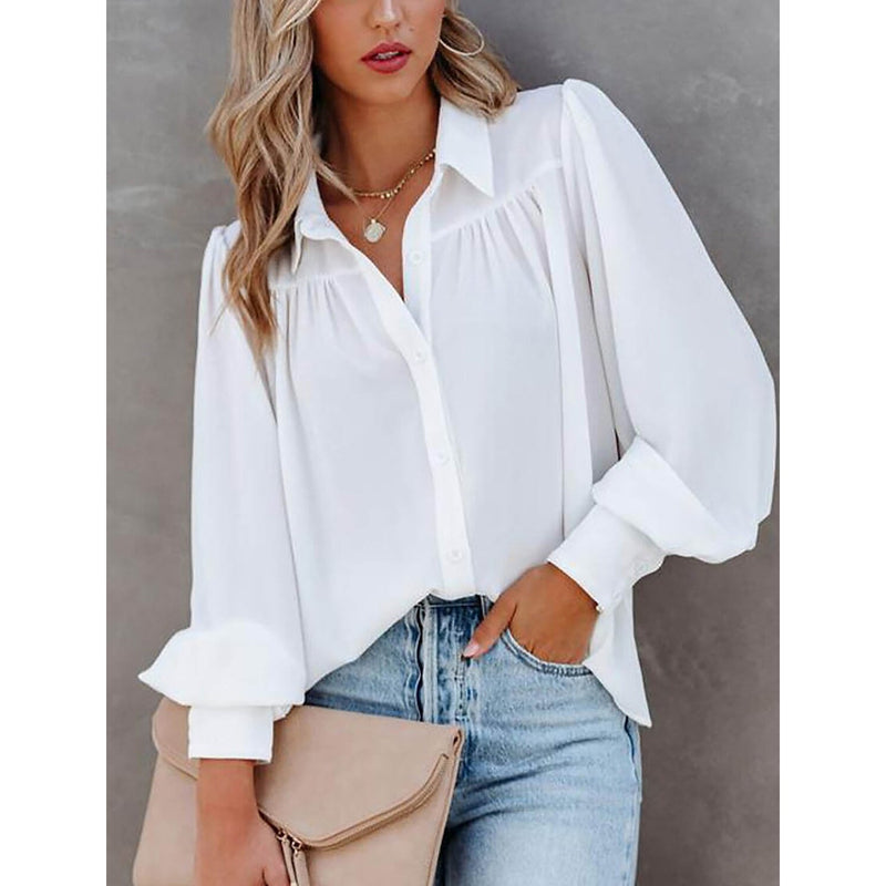 Womens Blouse Shirt Plain Button Long Sleeve Women's Tops White S - DailySale
