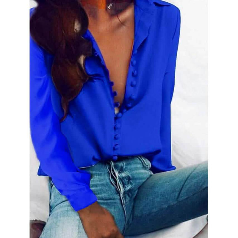 Women's Blouse Shirt Solid Colored Long Sleeve Button V Neck Basic Tops Women's Tops Royal Blue S - DailySale