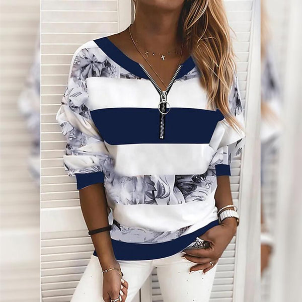 Women's Blouse Shirt Striped Color Block Long Sleeve Print V Neck Tops Women's Tops Blue S - DailySale